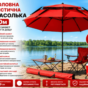 Парасолька для риболовлі та кемпінгу 210 см із чохлом червона | Туристична восьмикутна парасолька від сонця й дощу