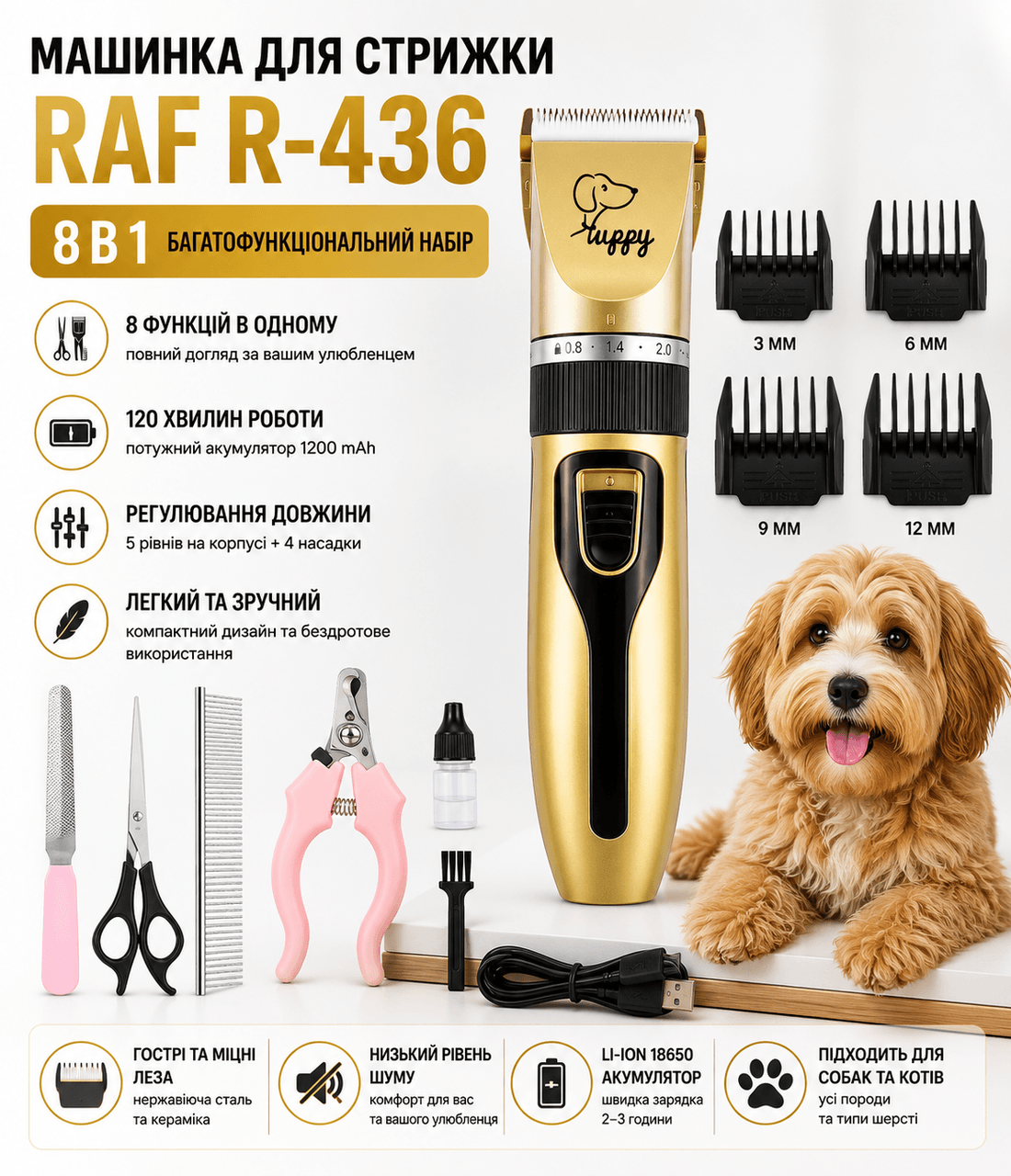 Акумуляторна машинка для стрижки тварин 8в1, Raf R-436 5W, Золотистий / Професійний набір для грумінгу