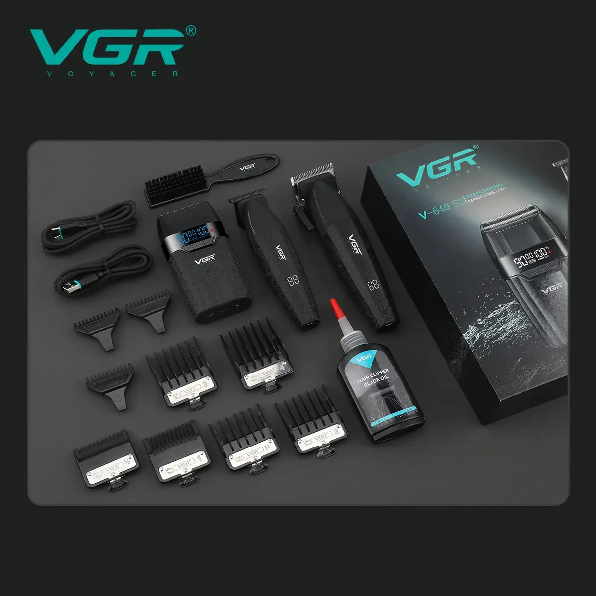 Набір для стрижки VGR 3 в 1 V-640 S3 BLACK, машинка для стрижки (clipper), триммер та електробритва (шейвер