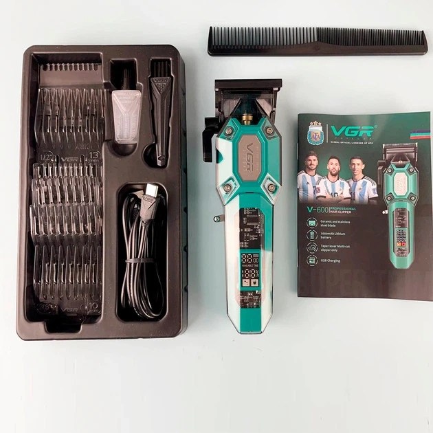 Машинка для стрижки (clipper) VGR V-600 Green, 6 насадок, регулятор висоти, LED display, 7000 RPM