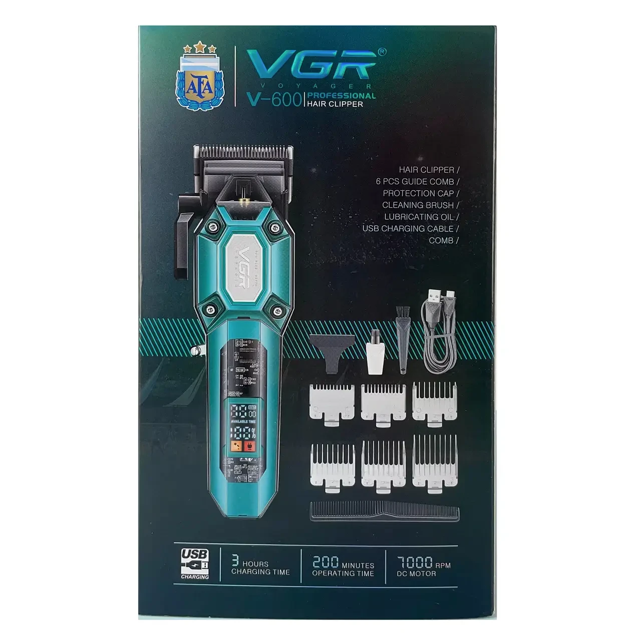 Машинка для стрижки (clipper) VGR V-600 Green, 6 насадок, регулятор висоти, LED display, 7000 RPM