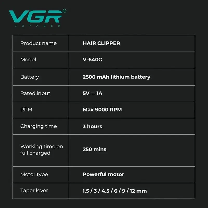 Акумуляторна машинка для стриження VGR V-640C BLACK, 6 насадок, LED-дисплей, 9000RPM