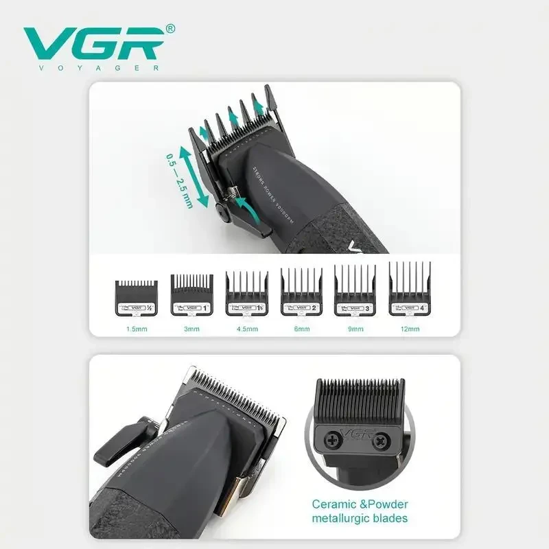 Акумуляторна машинка для стриження VGR V-640C BLACK, 6 насадок, LED-дисплей, 9000RPM