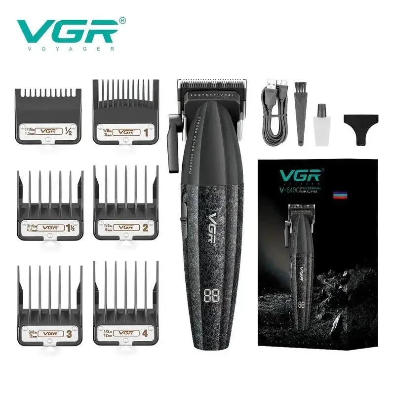 Акумуляторна машинка для стриження VGR V-640C BLACK, 6 насадок, LED-дисплей, 9000RPM