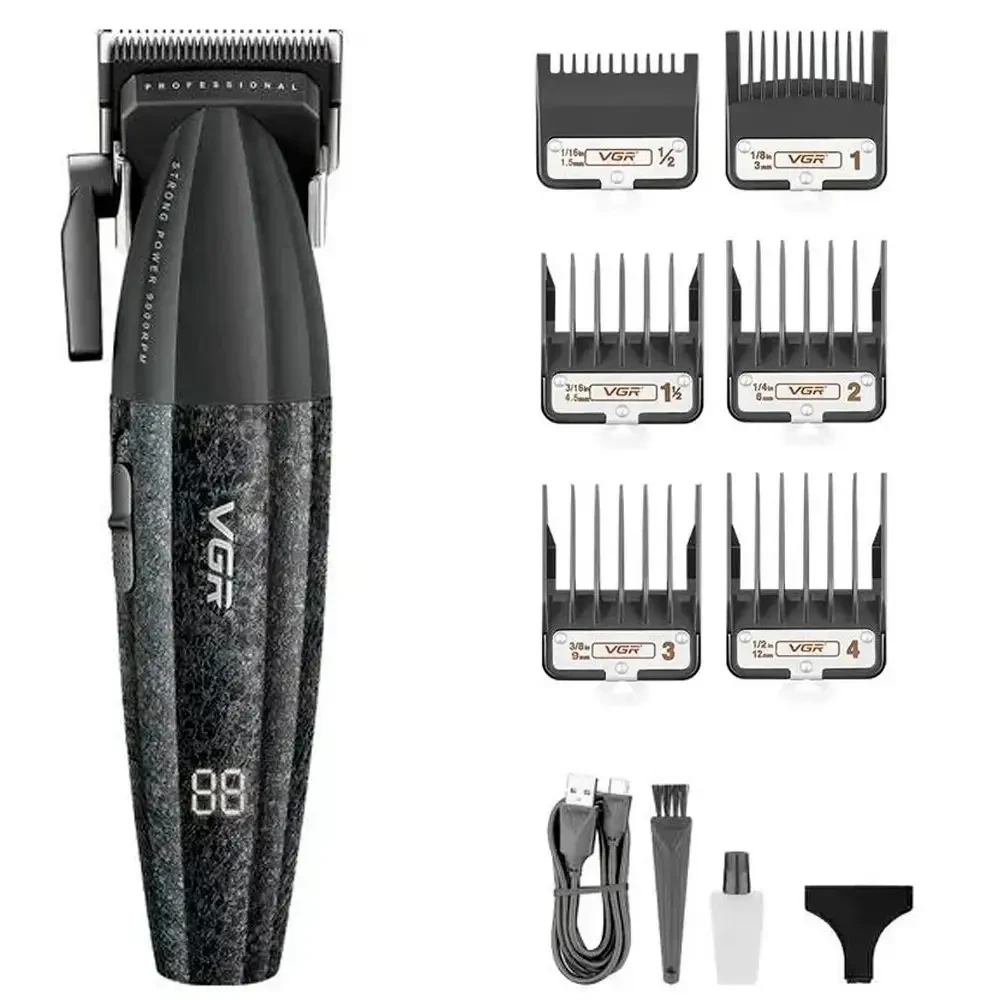 Акумуляторна машинка для стриження VGR V-640C BLACK, 6 насадок, LED-дисплей, 9000RPM