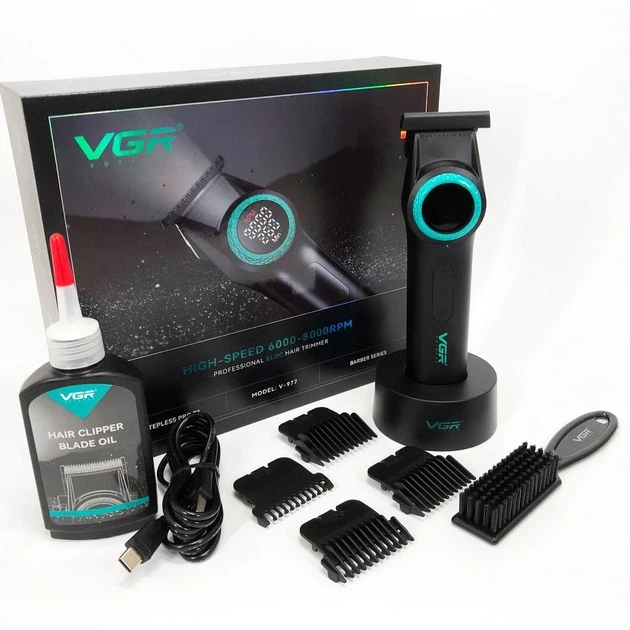 Тример VGR V-977 BLACK, регулювання потужностей 6000 — 8000 PRM, 2500 mAh, 4 насадки, LED display