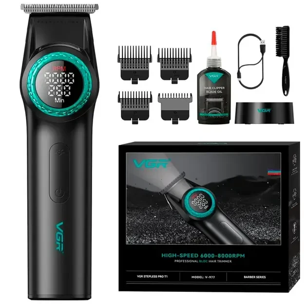 Тример VGR V-977 BLACK, регулювання потужностей 6000 — 8000 PRM, 2500 mAh, 4 насадки, LED display