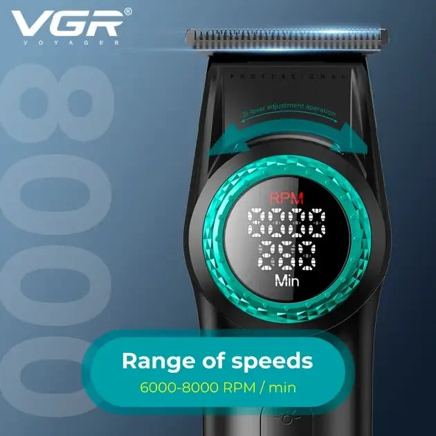Тример VGR V-977 BLACK, регулювання потужностей 6000 — 8000 PRM, 2500 mAh, 4 насадки, LED display