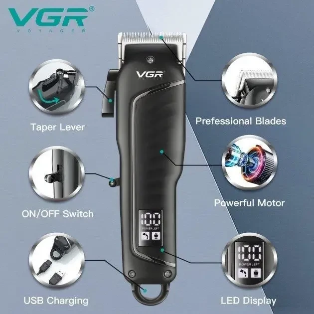 Машинка для стрижки волосся VGR V-683 LED-дисплей акумуляторна 4 насадки 10W Black