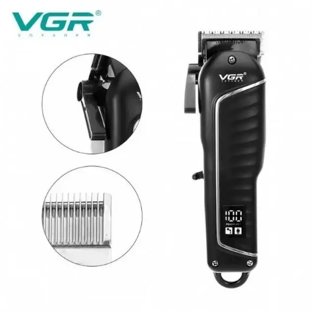 Машинка для стрижки волосся VGR V-683 LED-дисплей акумуляторна 4 насадки 10W Black