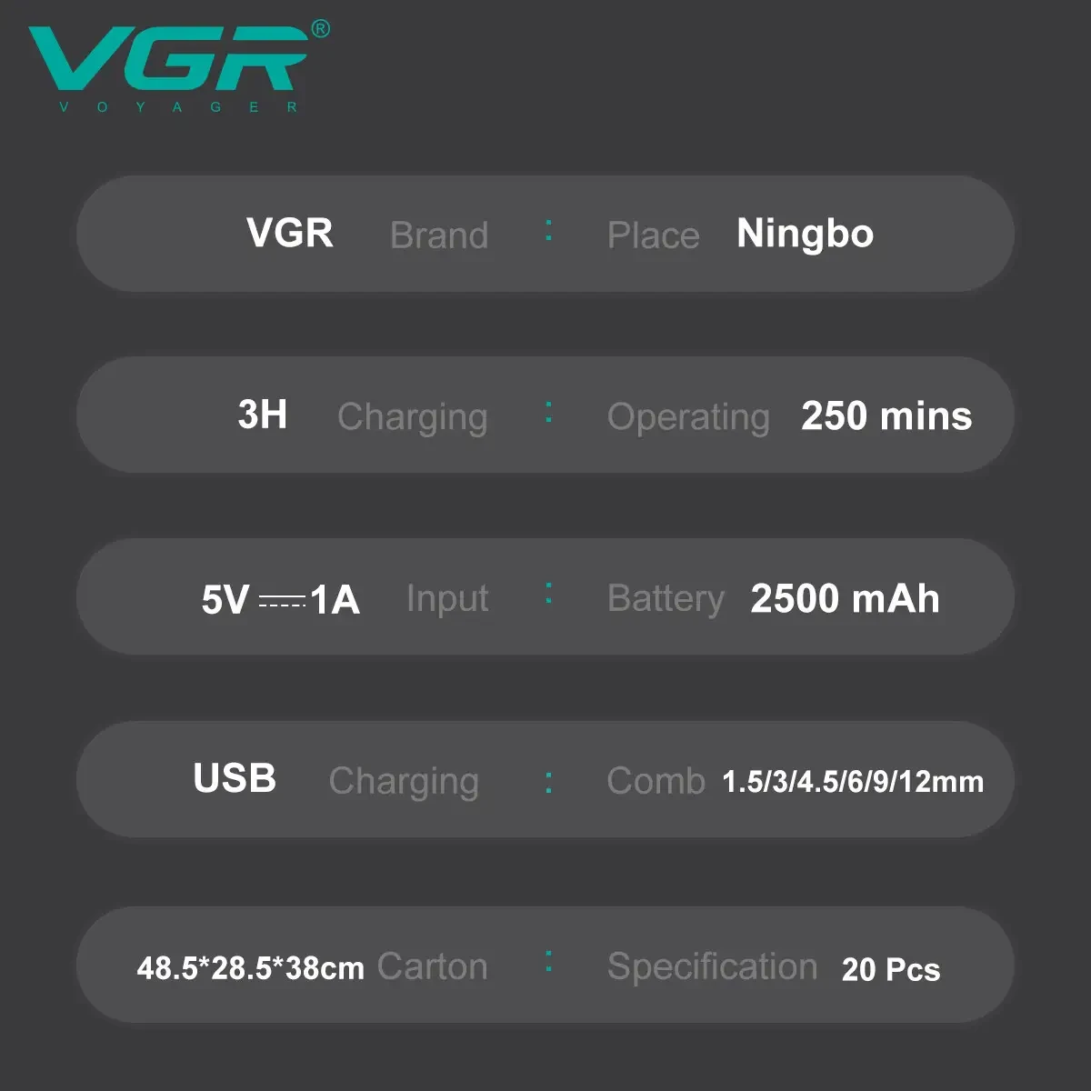 Акумуляторна машинка для стрижки VGR V-003, 6 насадок, TURBO режим, керамічне лезо, LED