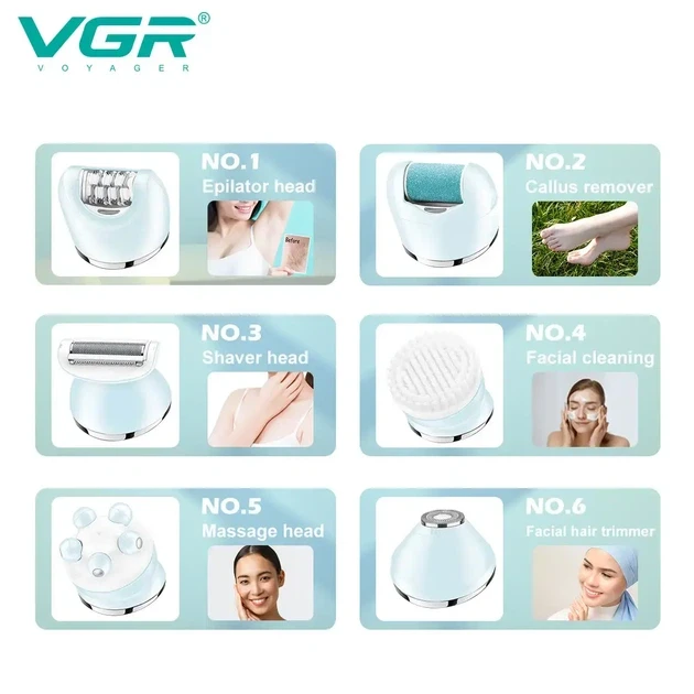 Жіночий епілятор 6в1 VGR V-733: бритва + тример + щітка + пемза, до 90 хв, USB
