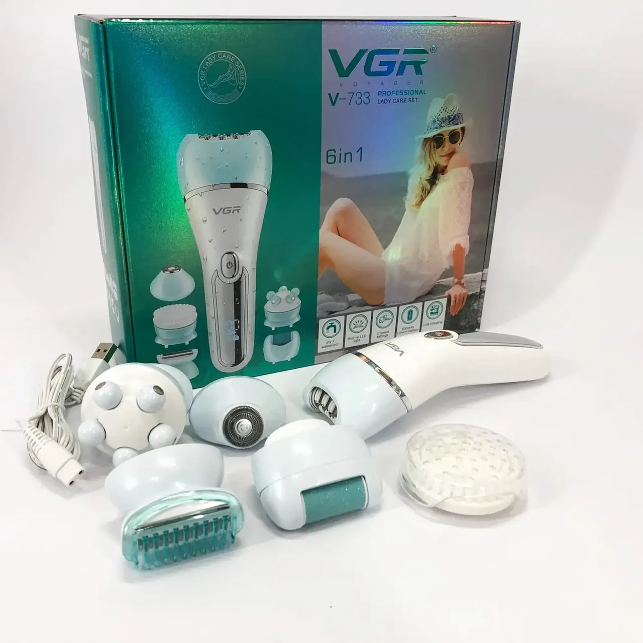 Жіночий епілятор 6в1 VGR V-733: бритва + тример + щітка + пемза, до 90 хв, USB