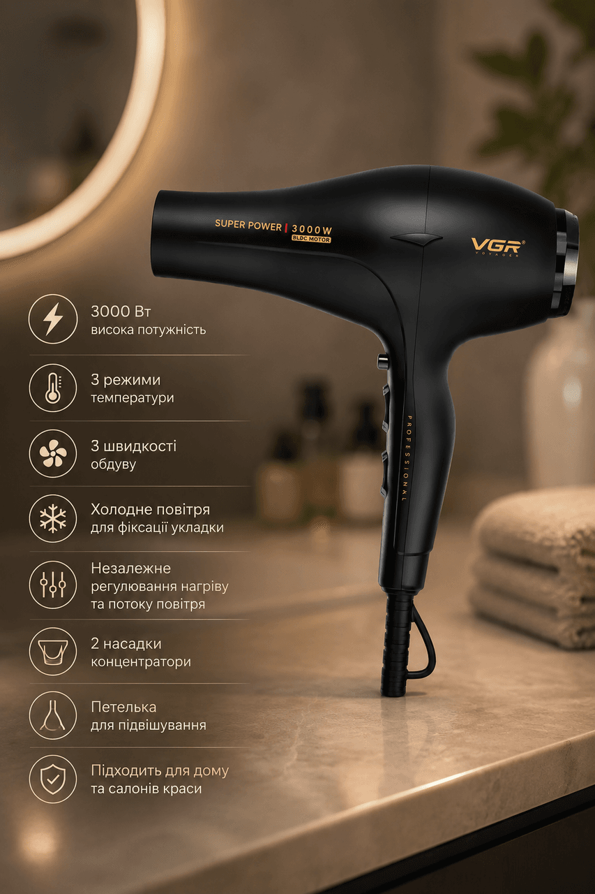 Фен VGR V 406 Black/ Фен професійний 2 насадки, 3000 Вт/ Фен 3 рівні обдування, 3 рівні температури
