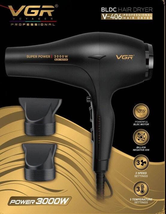 Фен VGR V 406 Black/ Фен професійний 2 насадки, 3000 Вт/ Фен 3 рівні обдування, 3 рівні температури