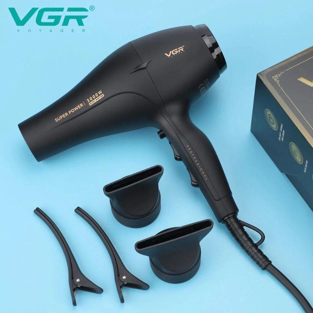 Фен VGR V 406 Black/ Фен професійний 2 насадки, 3000 Вт/ Фен 3 рівні обдування, 3 рівні температури