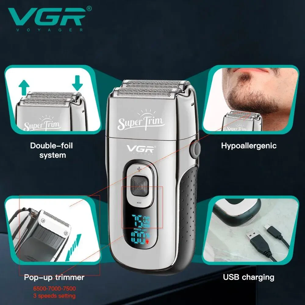 Бритва VGR V 332 Silver/ Шейвер сітковий на USB/Електробритва з подвійним лезом і тримером