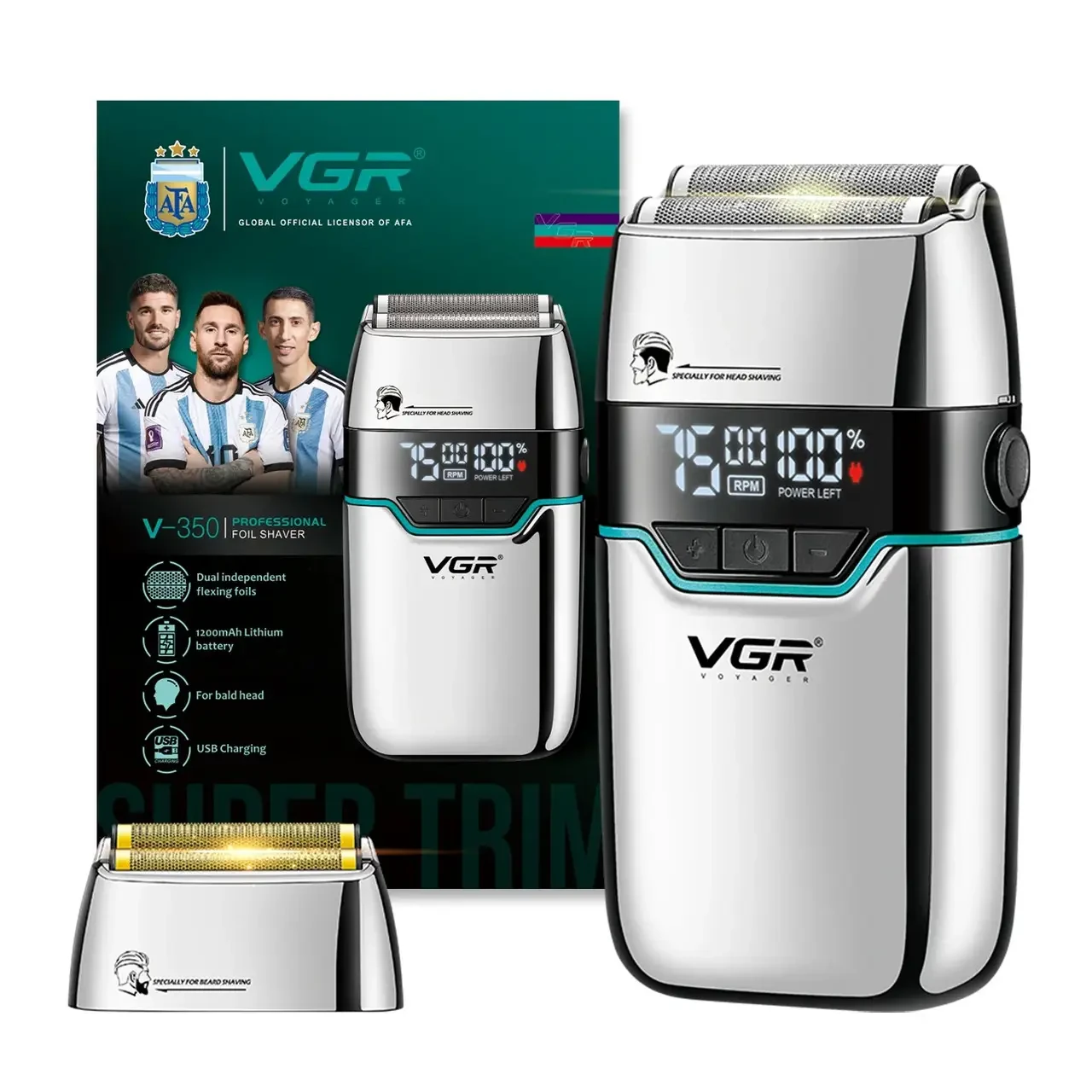 Електробритва VGR V-350 Silver шейвер подвійне лезо LED-дисплей вологозахисту 2 насадки