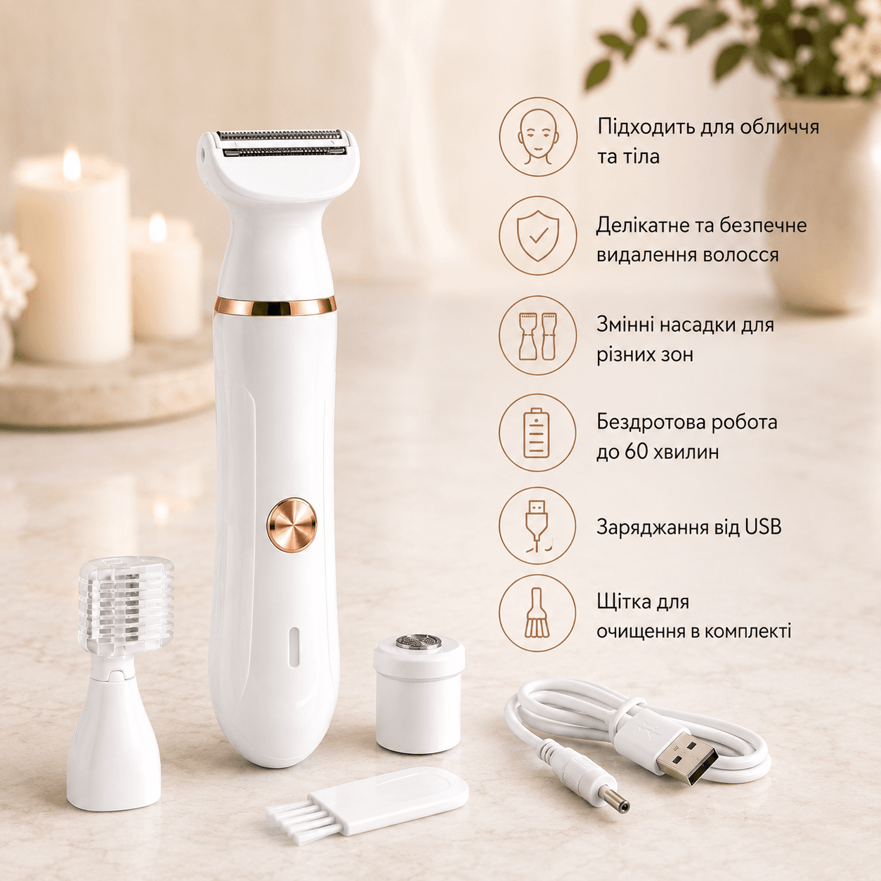 Епілятор hair clipper AN XL-1961 / Жіночий акумуляторний епілятор зі змінними насадками