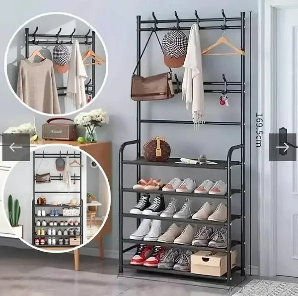 Підлогова вішалка-органайзер NEW Simple Floor Clothes для одягу та взуття з полицями та гачками, металева, чорна