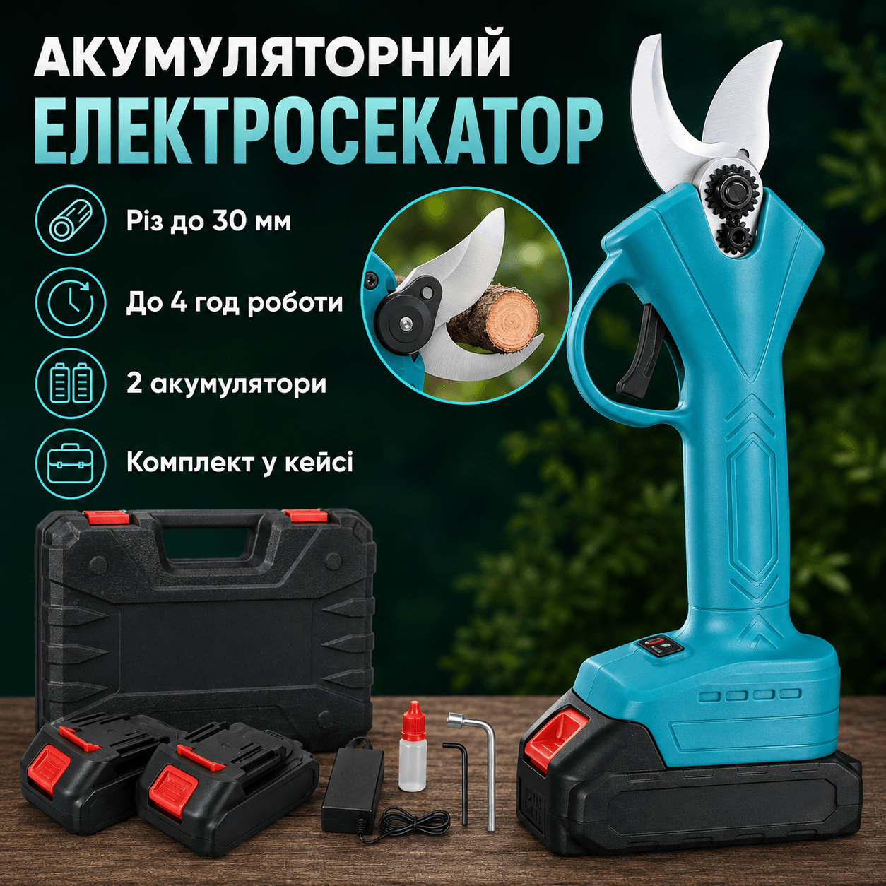 Акумуляторний секатор садовий у кейсі + 2 АКБ, Синій/Електор/Акумуляторні садові ножиці