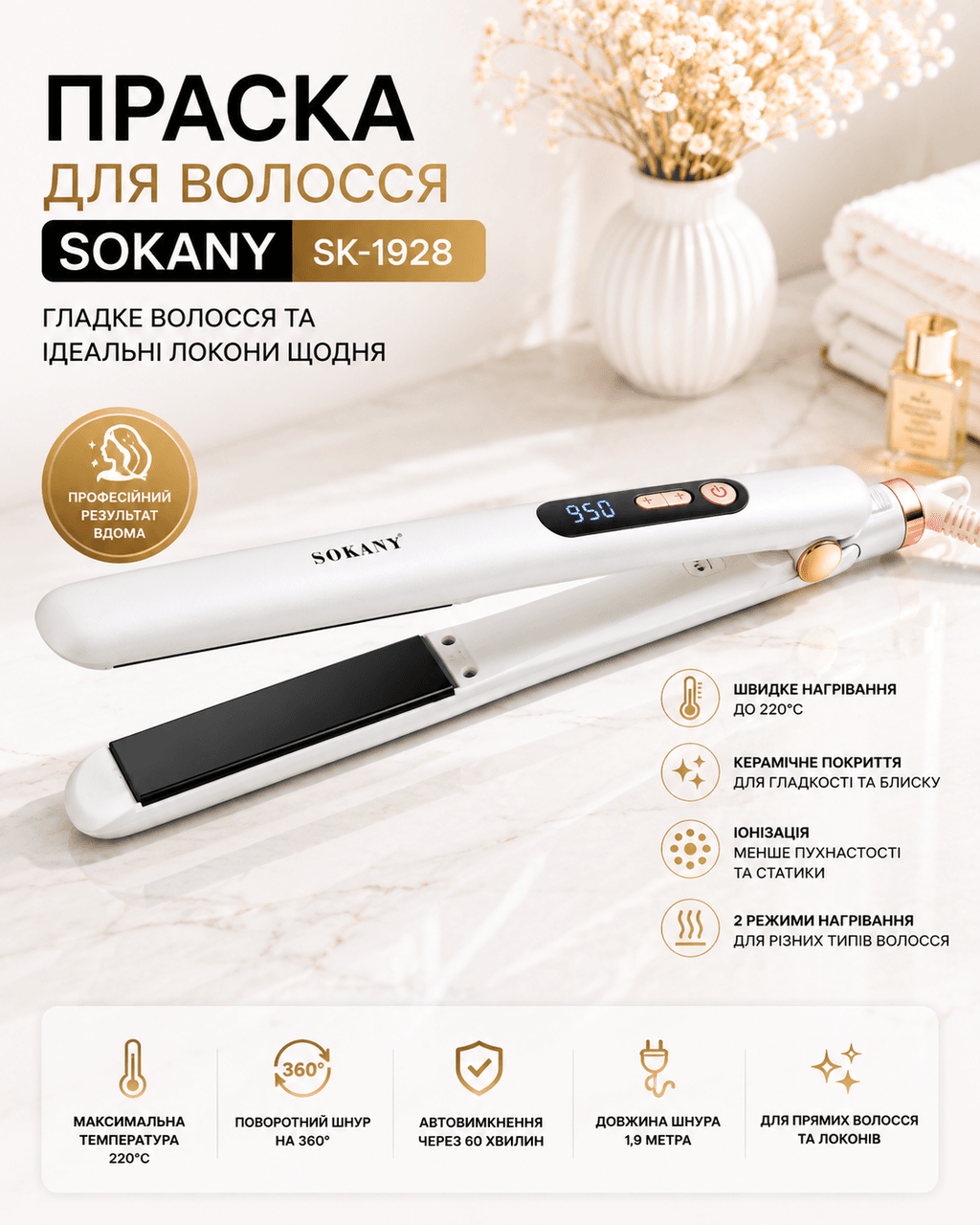 Утюжок SOKANY SK-1928 кераміка до 230°C потужність 45 Вт
