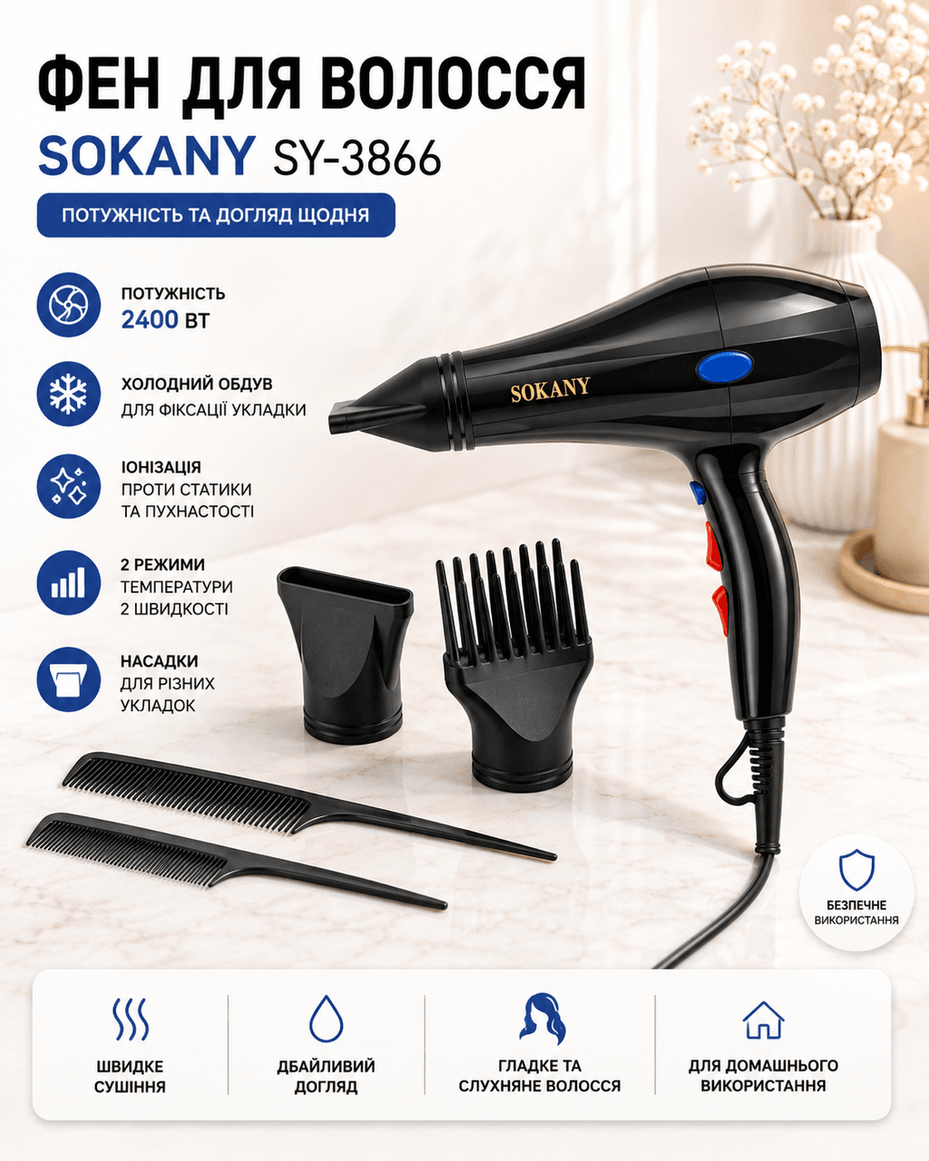 Фен для волосся 2400 Вт + 2 насадки та 2 гребінці, SOKANY SY-3866, Чорний/ Фен для укладання/ Фен для сушіння волосся