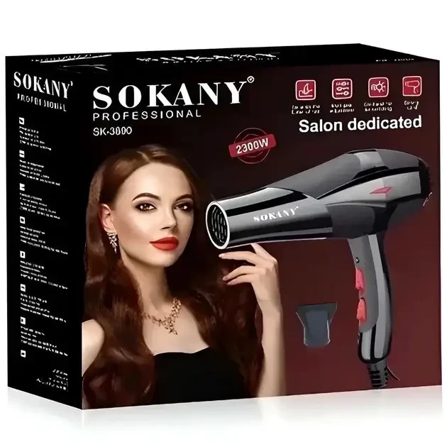 Фен для волосся Sokany HS-3890, 2300 Вт, з іонізацією, дифузором і концентратором / Професійний фен для сушіння та укладання волос