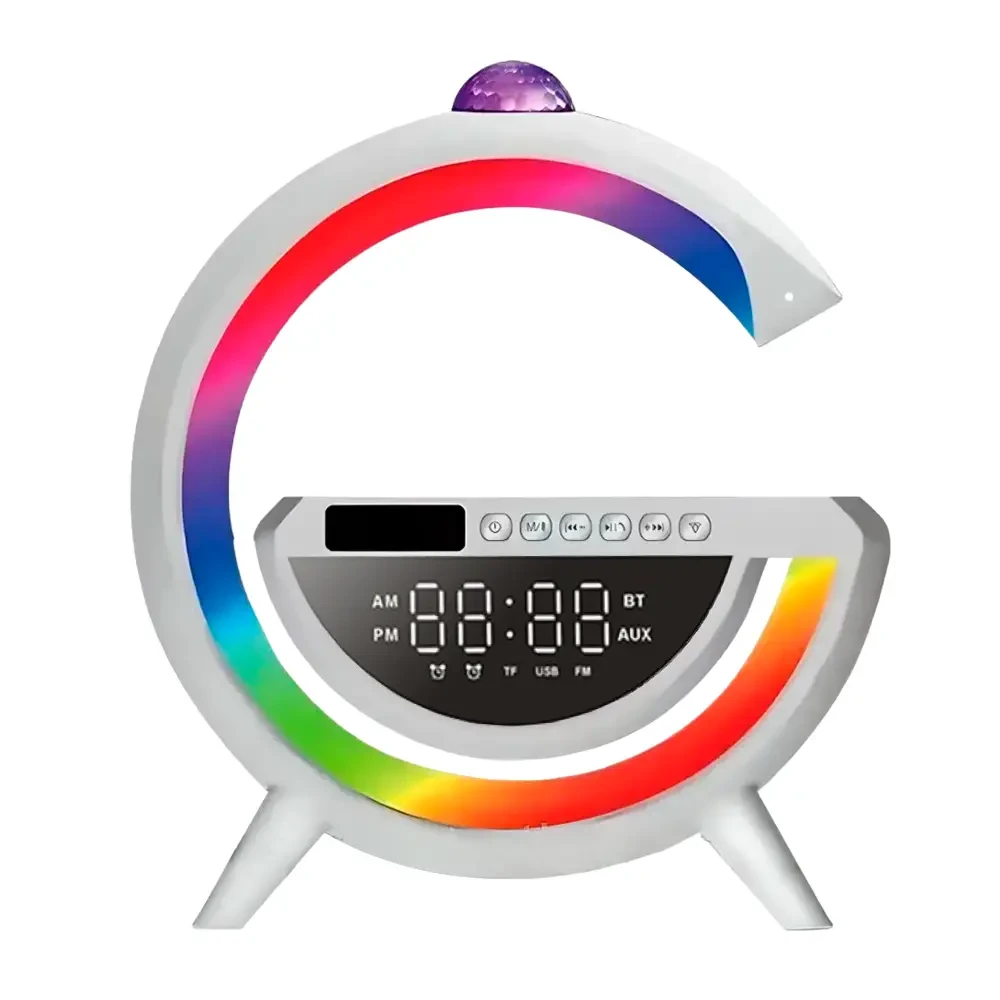 Настільна RGB лампа з колонкою, дискошаром та бездротовою зарядкою, BT 3402, Біла / Розумна лампа нічник / Смарт лампа