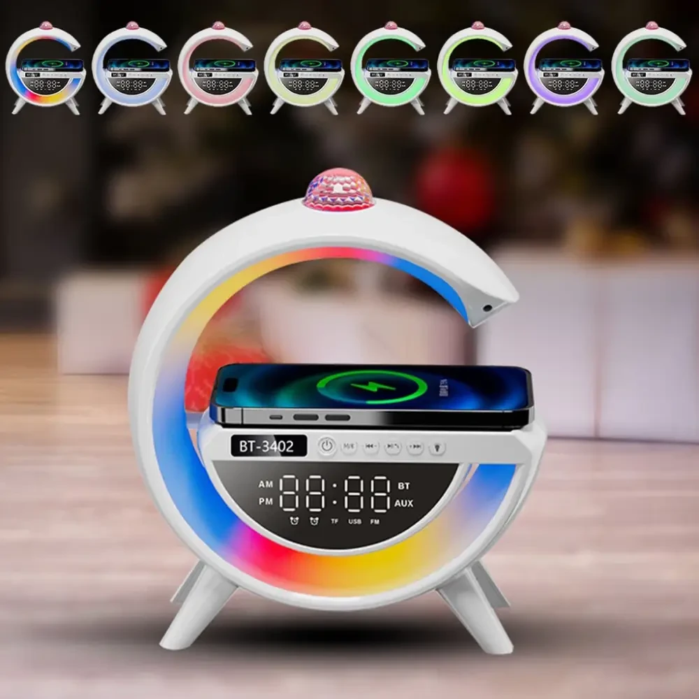 Настільна RGB лампа з колонкою, дискошаром та бездротовою зарядкою, BT 3402, Біла / Розумна лампа нічник / Смарт лампа