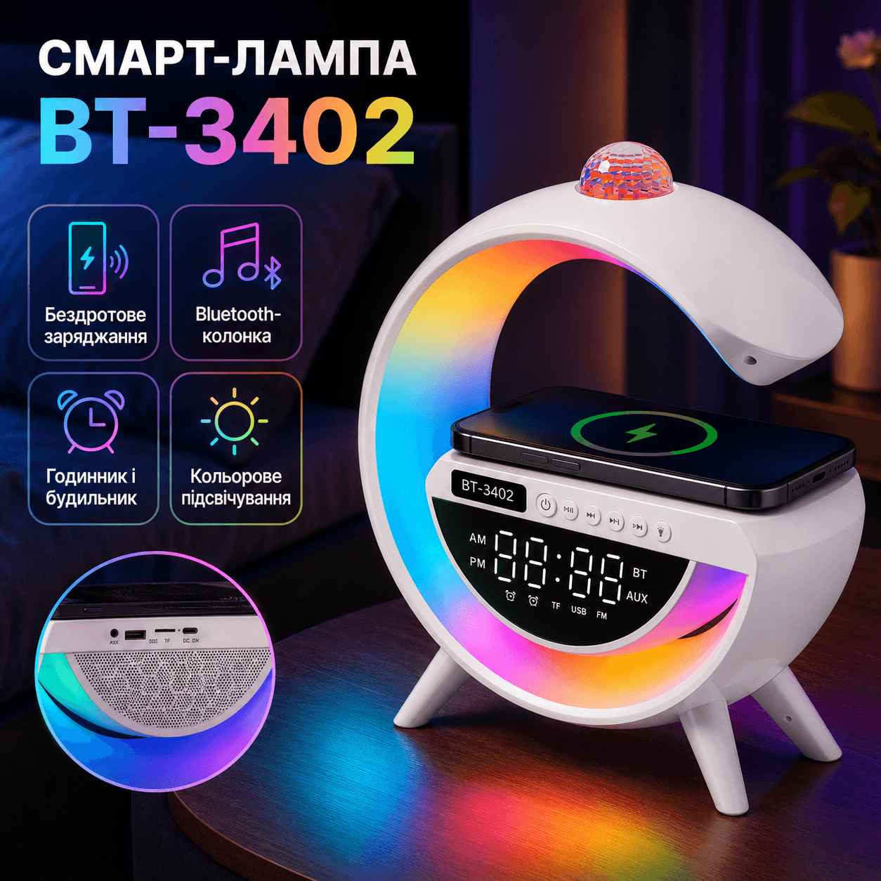 Настільна RGB лампа з колонкою, дискошаром та бездротовою зарядкою, BT 3402, Біла / Розумна лампа нічник / Смарт лампа