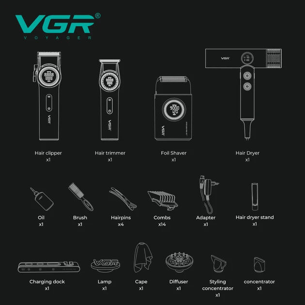 Набір VGR STEPLERSS PRO 4 IN 1 BLACK, машинка для стрижки, тример, електробритва, фен