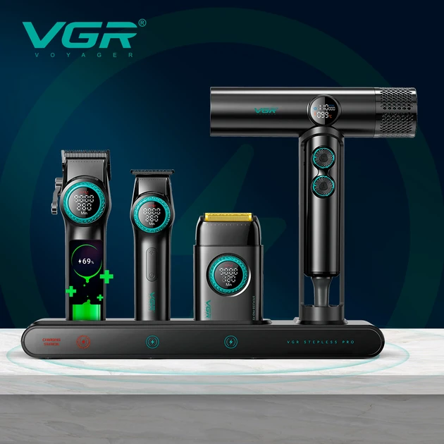 Набір VGR STEPLERSS PRO 4 IN 1 BLACK, машинка для стрижки, тример, електробритва, фен