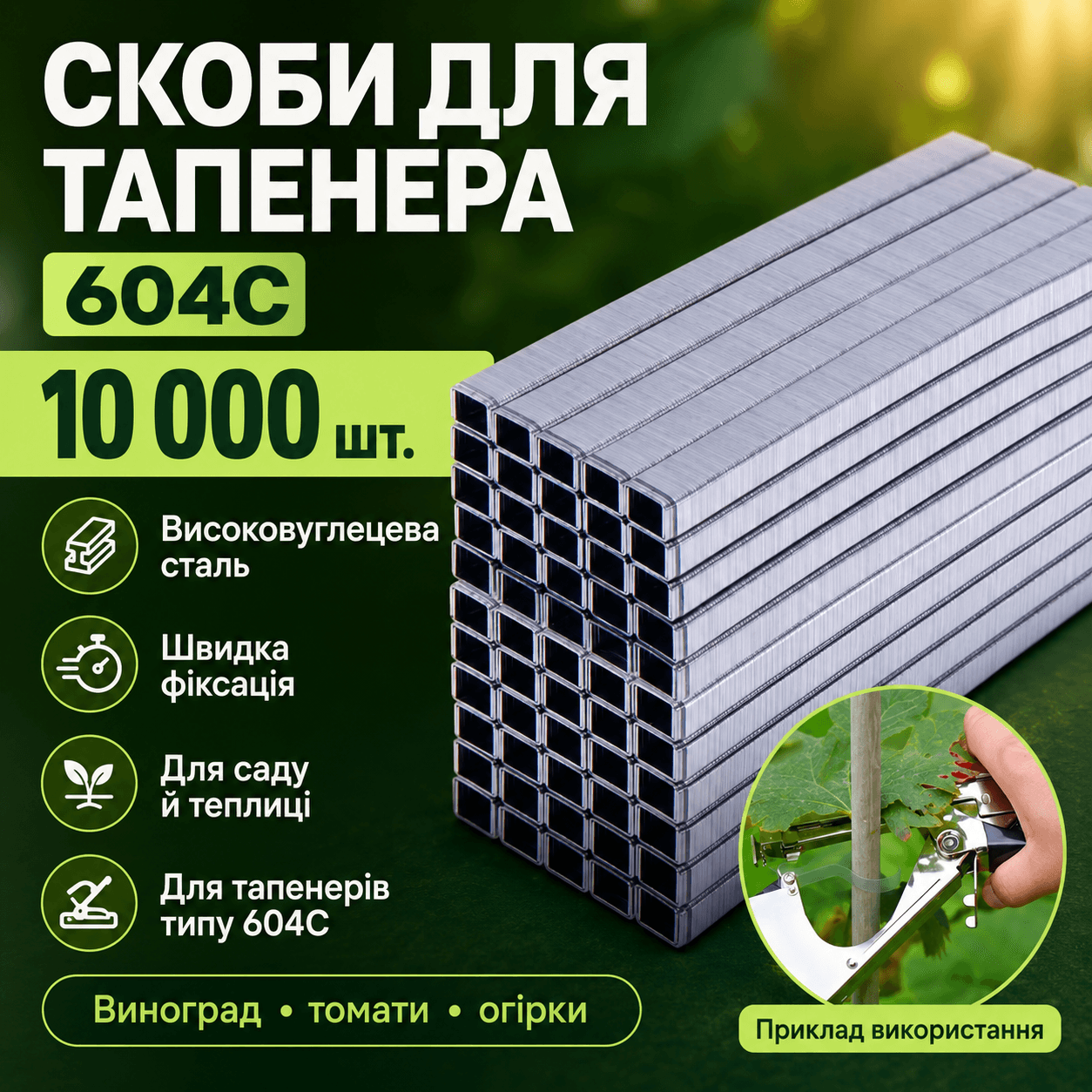 Скоби для садового степлера 10000 шт., 604С, Сірий/Набір скоб для підв’язування рослин