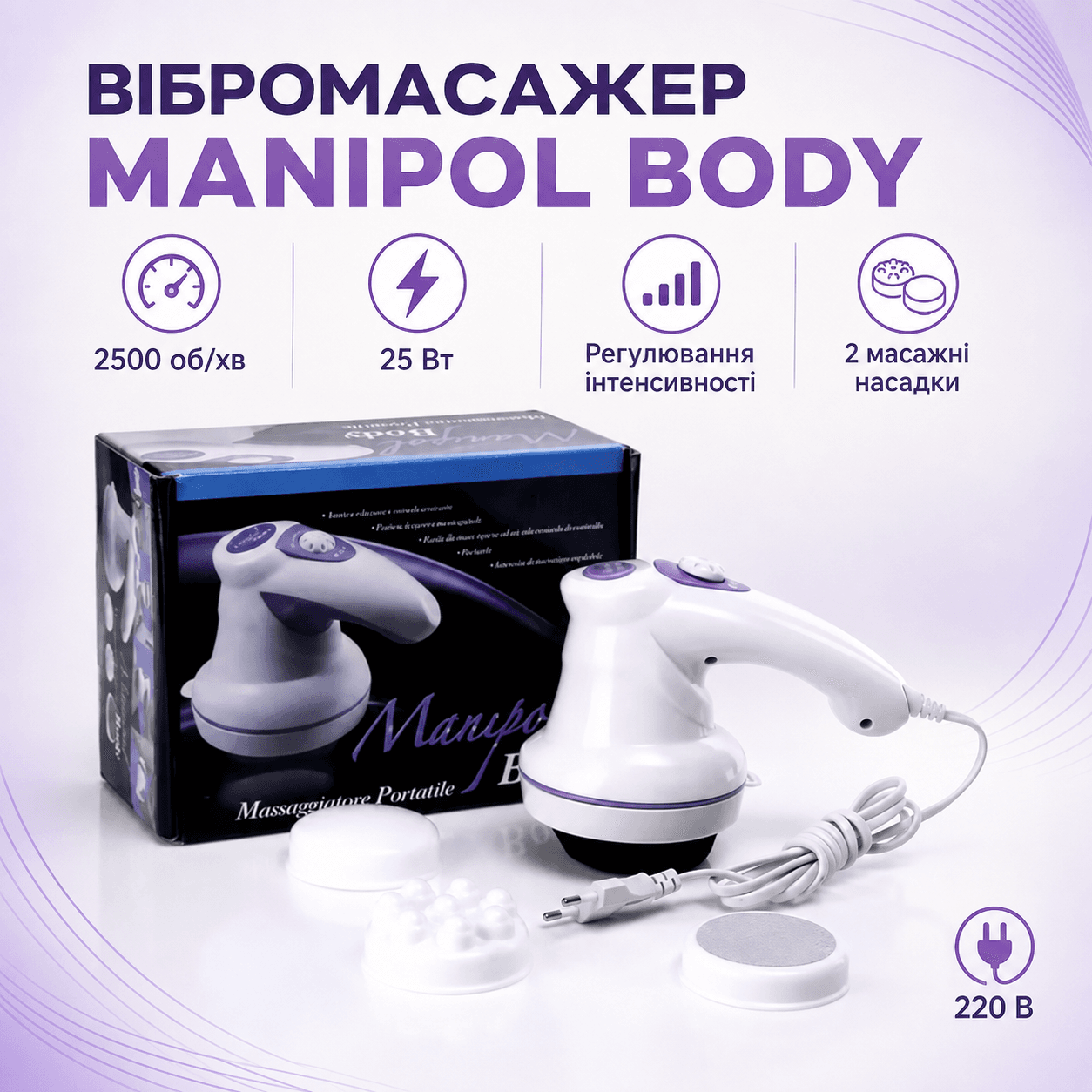 Антицелюлітний масажер Manipol Body LY-785 для тіла з насадками для всіх частин, Біла / Ручний масажер для тіла