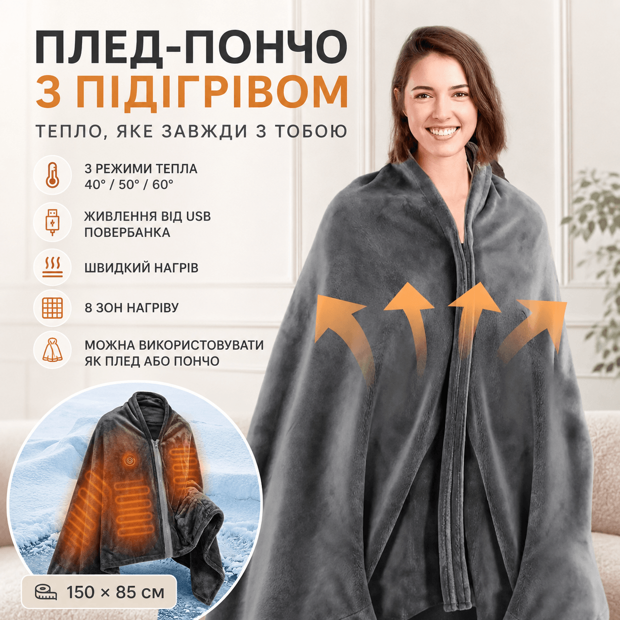 Плед із підігрівом 150×85 см (3 режими), 40-60 °C, LY-751 від USB, Сірий/Едеяло/Одеяло з підігрівом