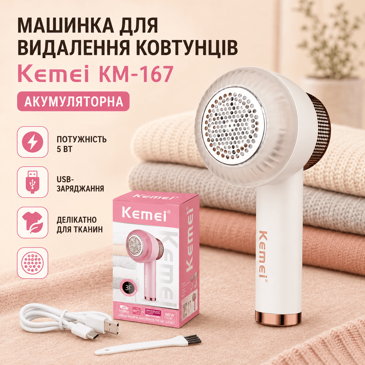 Акумуляторна машинка для видалення ковтунців, 5 Вт, Kemei KM-167, бежева/Теммер для зрізання ковтунців