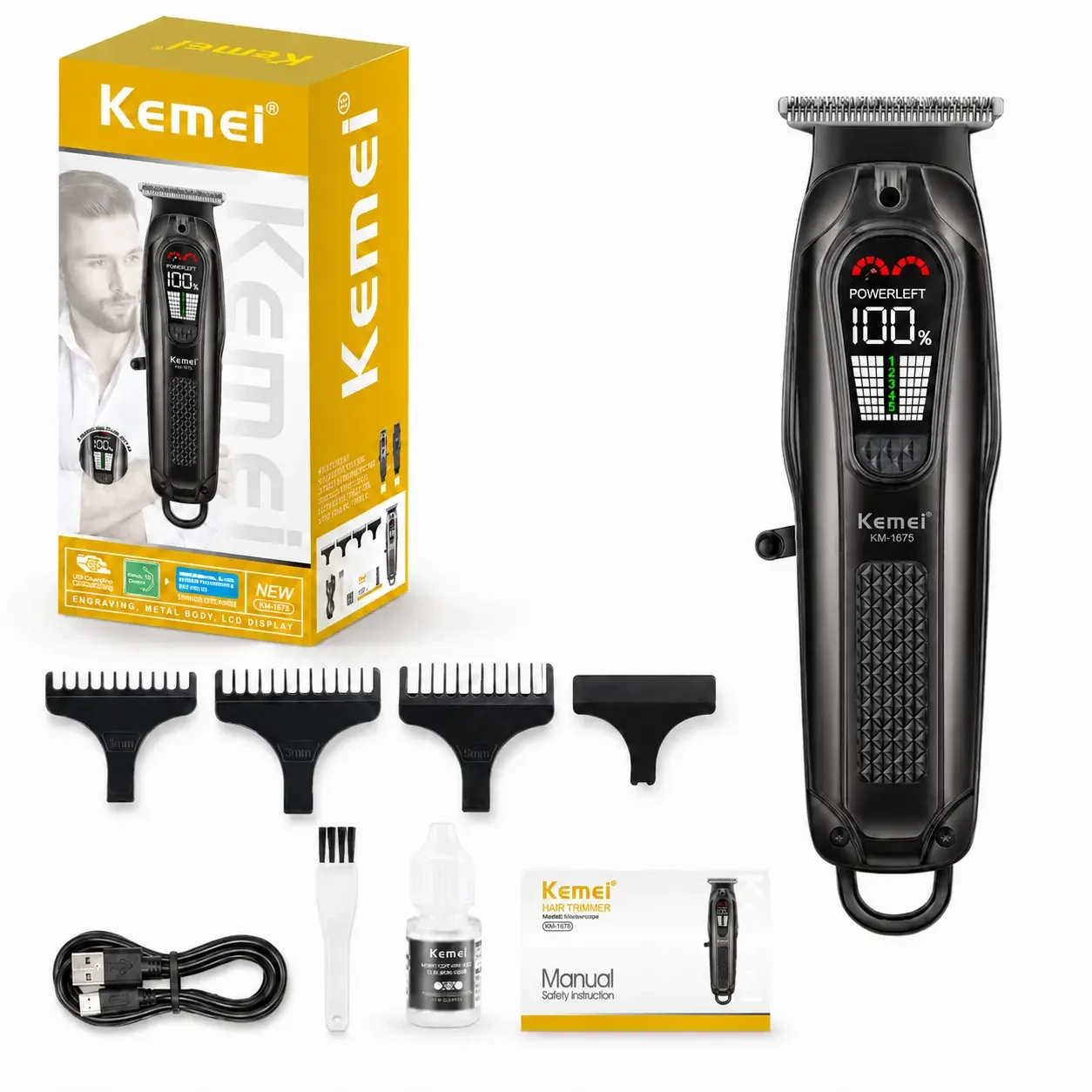 Машинка для стриження, 4 насадки, USB-C, Kemei KM-1675, Чорний/Акумуляторна машинка для стриження волосся