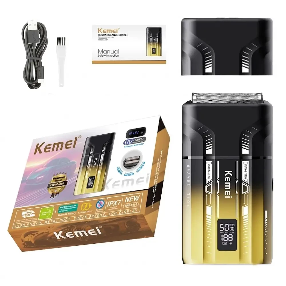 Бездротова бритва для чоловіків з UV-дезінфекцією, USB-C, Kemei KM-T418, Градієнт / Шейвер / Акумуляторна чоловіча електробритва