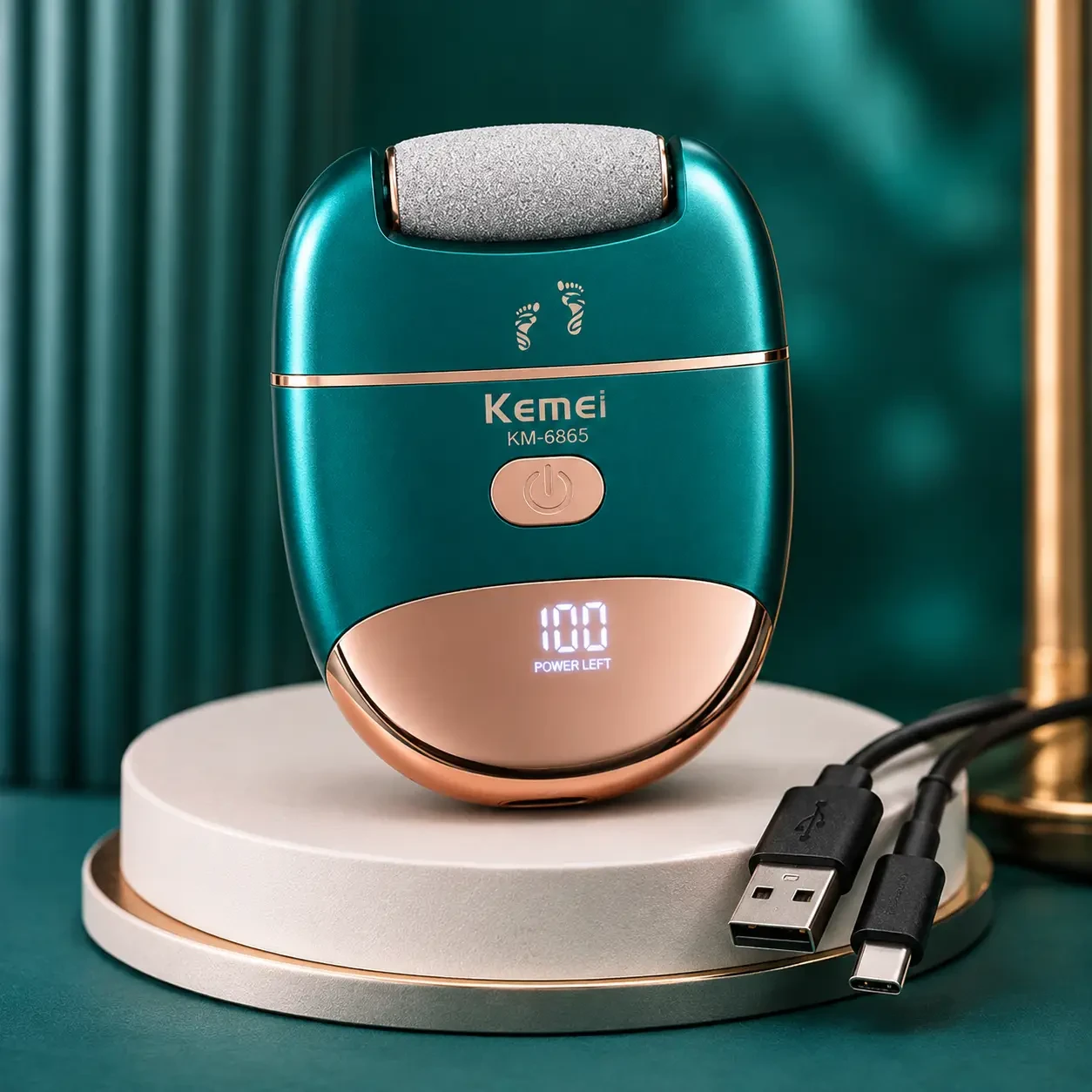 Електрична терка для п’яток, USB, Kemei KM-6865, Зелений / Електрична пилка для ніг / Електропемза від натоптишів, для педикюру