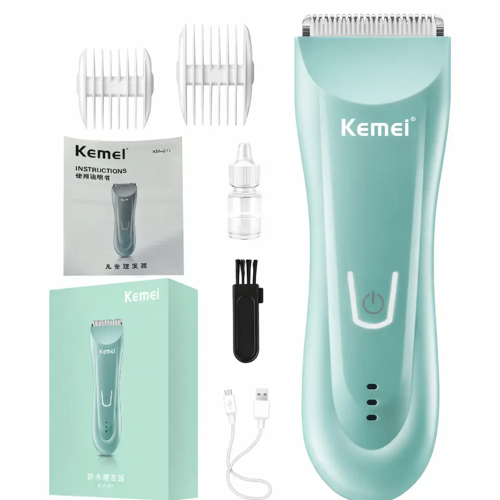 Акумуляторна машинка для стрижки дітей, 2 насадки, Kemei KM-811, Блакитний / Дитячий тример для стрижки волосся