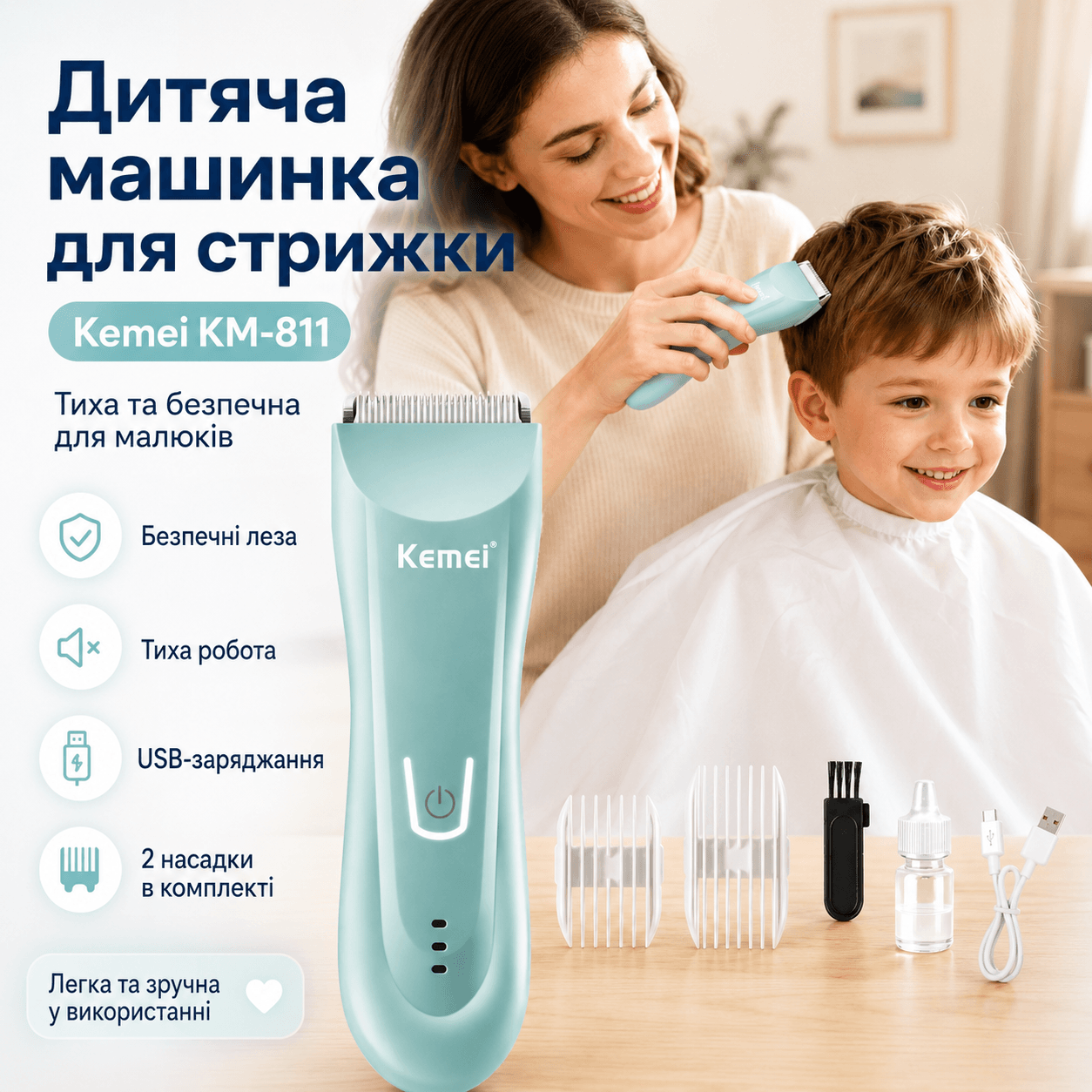 Акумуляторна машинка для стрижки дітей, 2 насадки, Kemei KM-811, Блакитний / Дитячий тример для стрижки волосся