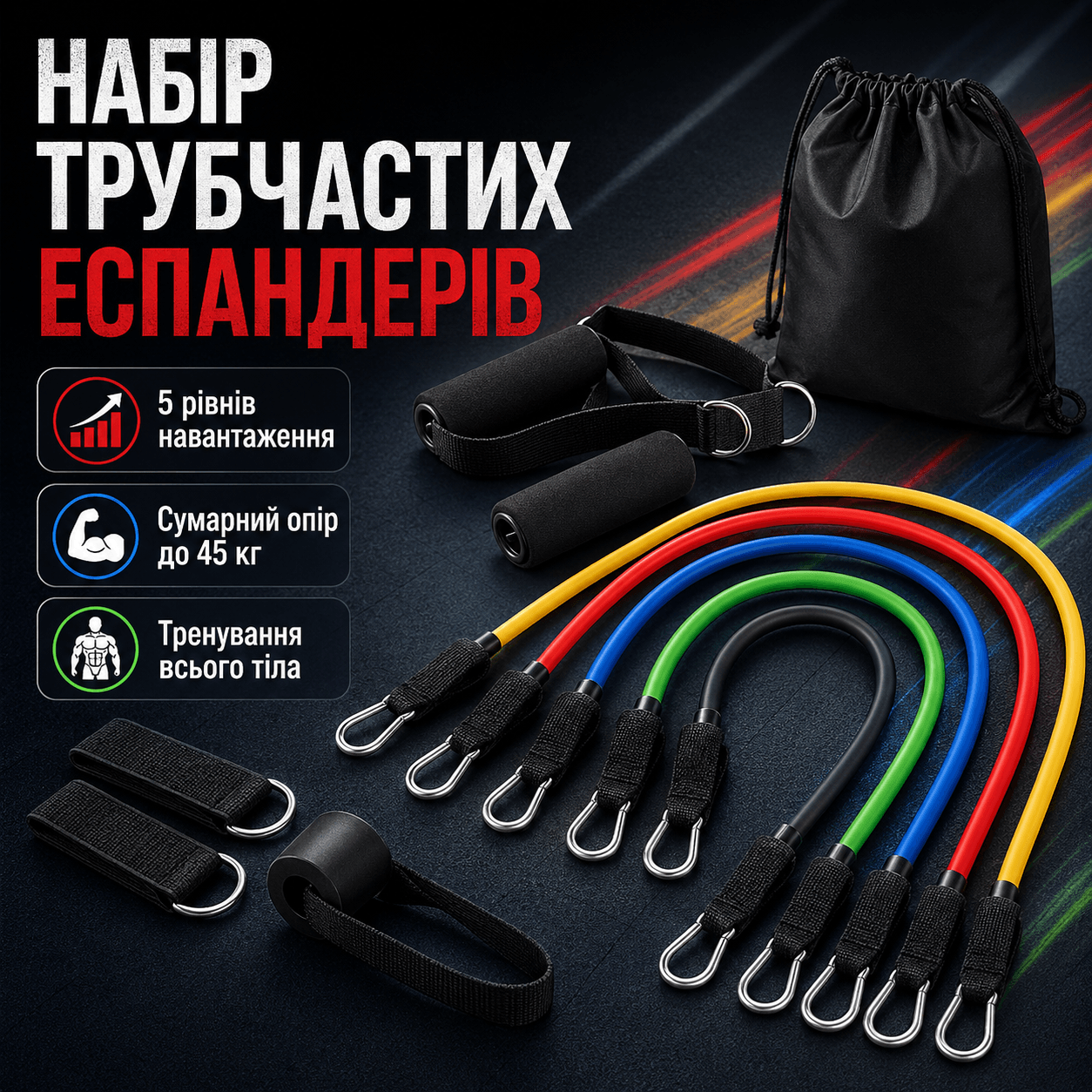 Набір трубчастих еспандерів для фітнесу 5 штук/ Багатофункціональний комплект.