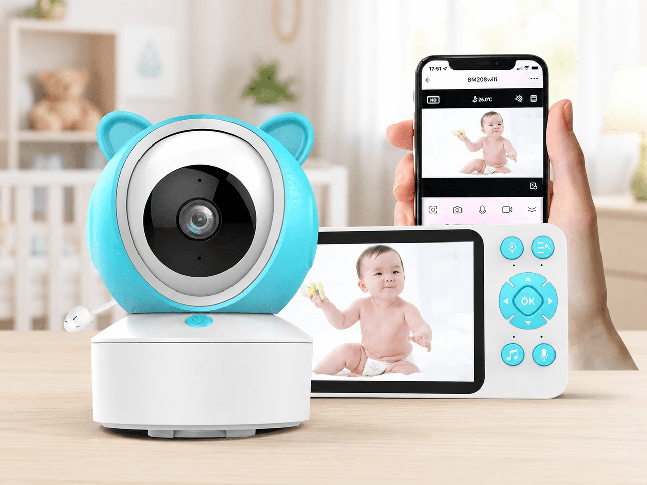 Відеоняня C8 WiFi з екраном 5 дюймів/Місянька керування зі смартфона, датчик звуку, руху, нічне бачення