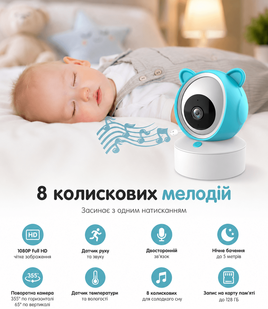Відеоняня C8 WiFi з екраном 5 дюймів/Місянька керування зі смартфона, датчик звуку, руху, нічне бачення