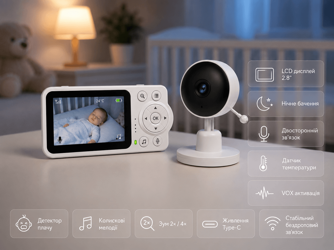 Відеоняня C3 з LCD-дисплеєм 2,8дюйма/Відеоняня з нічним баченням і двостороннім зв’язком