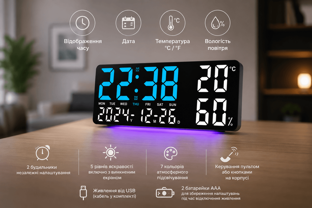 Годинник настінний GH9002/ Цифровий настінний, настільний LED-годинник/годинник + календар, температура, вологість
