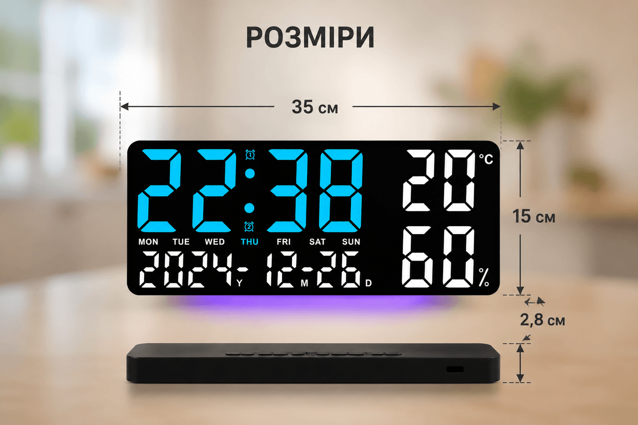 Годинник настінний GH9002/ Цифровий настінний, настільний LED-годинник/годинник + календар, температура, вологість
