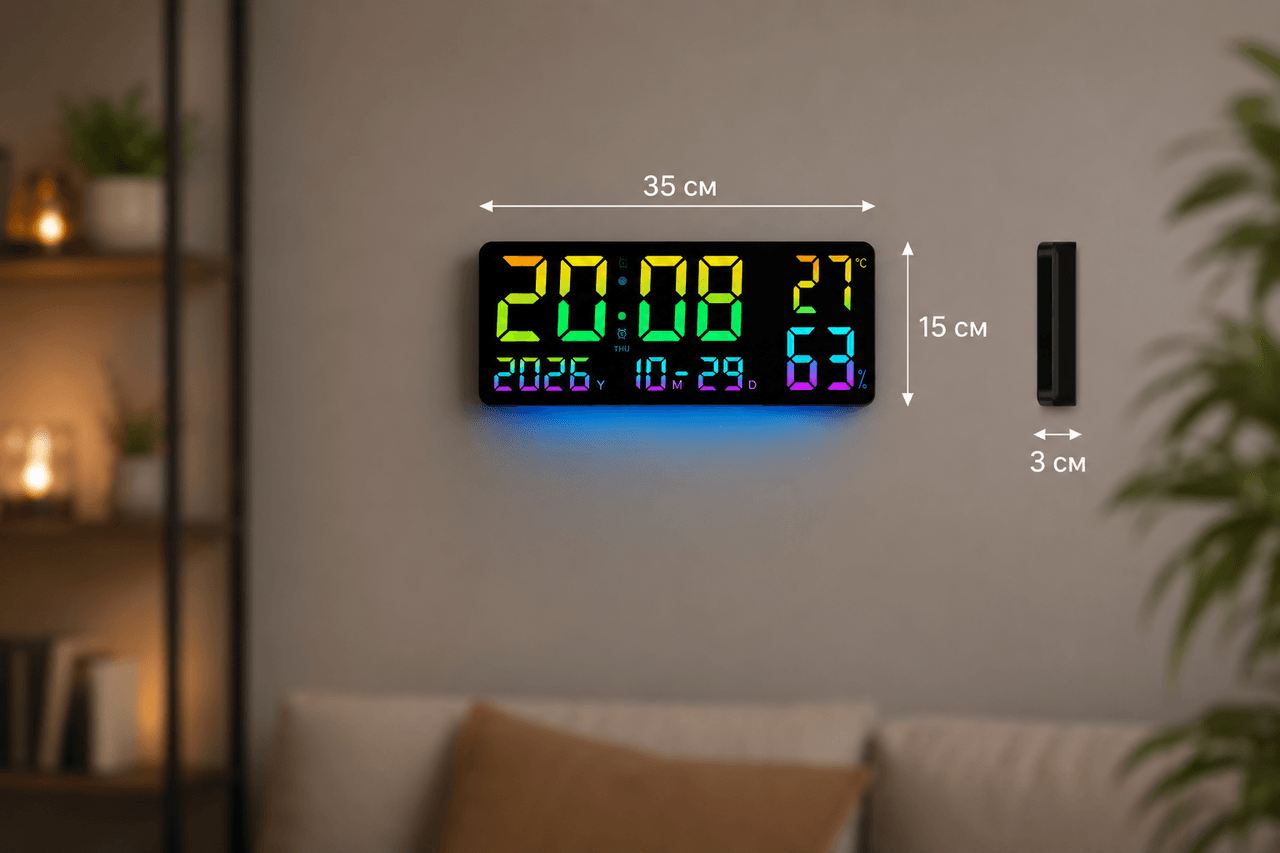 Годинник GH0750 RGB настінний, настільний/годинник з пультом на USB/годинник календар, будильник, t°, вологість
