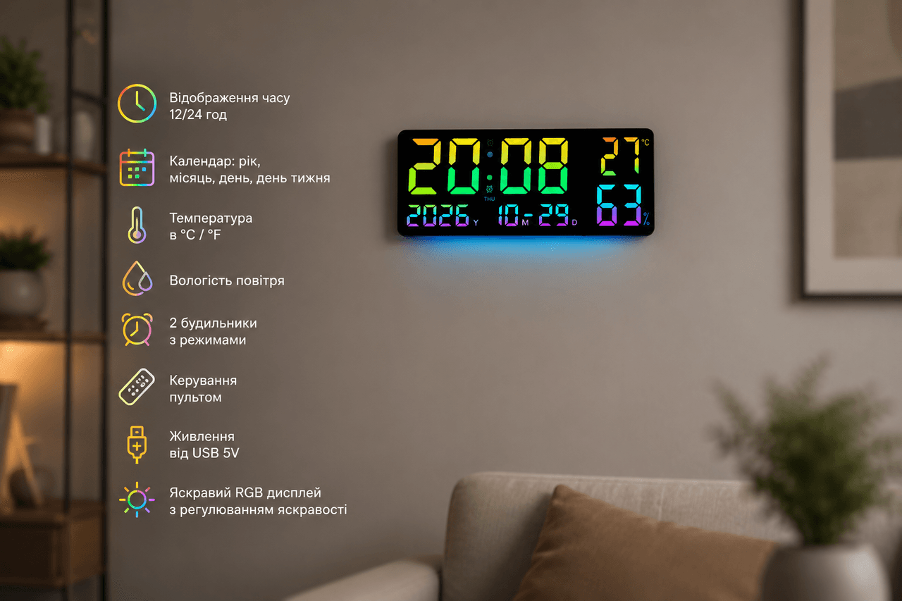 Годинник GH0750 RGB настінний, настільний/годинник з пультом на USB/годинник календар, будильник, t°, вологість